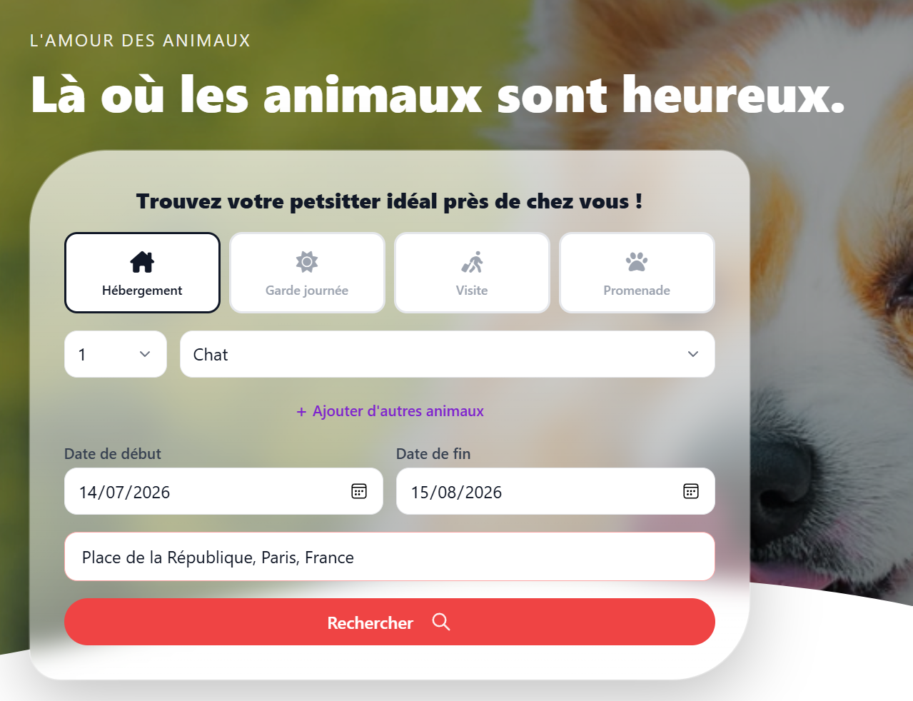 Formulaire de recherche de petsitter Zoolo