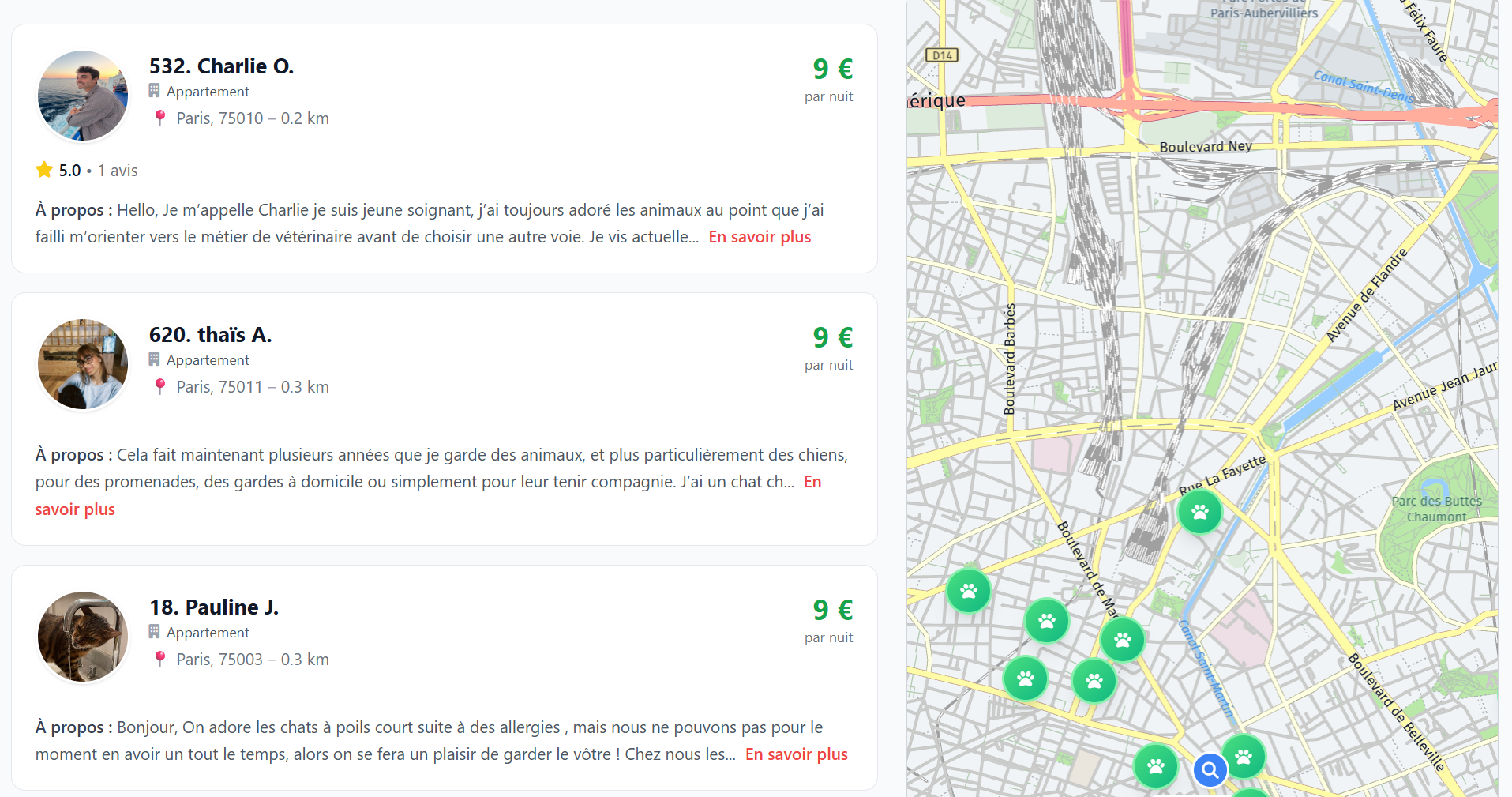 Résultats de recherche de petsitters avec carte