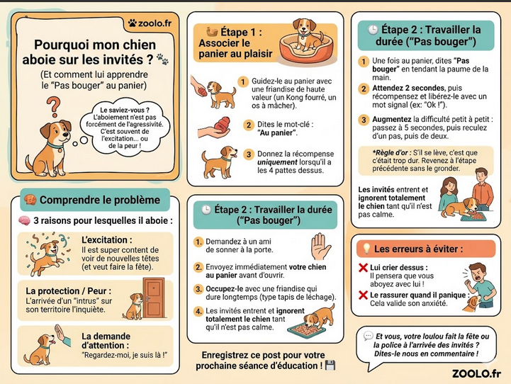 Pourquoi mon chien aboie-t-il sur les invités ? 🐶 Guide complet pour lui apprendre le “Pas bouger” au panier efficacement