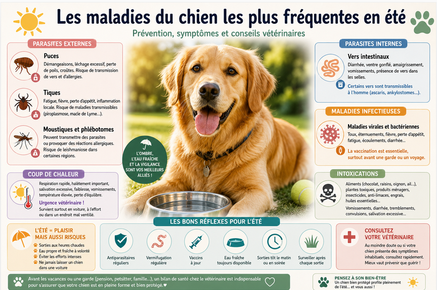 Les maladies du chien les plus fréquentes en été : prévention, symptômes et conseils vétérinaires