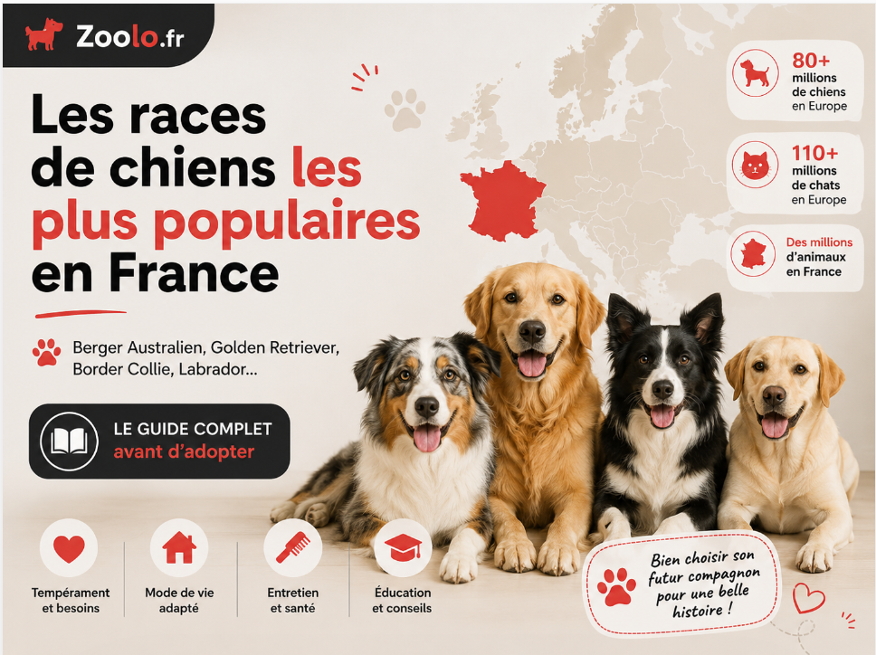 🐶 Les races de chiens les plus populaires en France : Berger Australien, Golden Retriever, Border Collie, Labrador… Le guide complet avant d’adopter