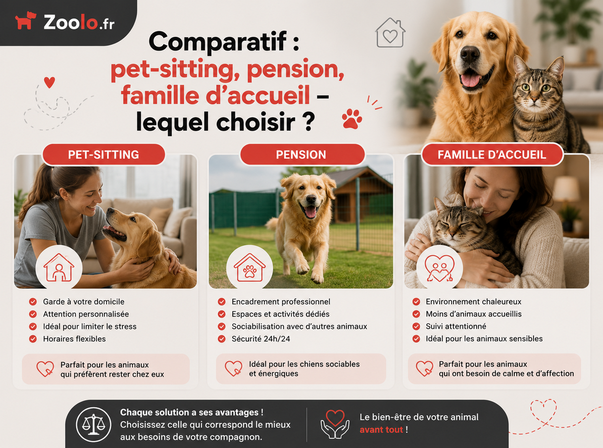 Comparatif : pet-sitting, pension, famille d’accueil – lequel choisir ? 🐾